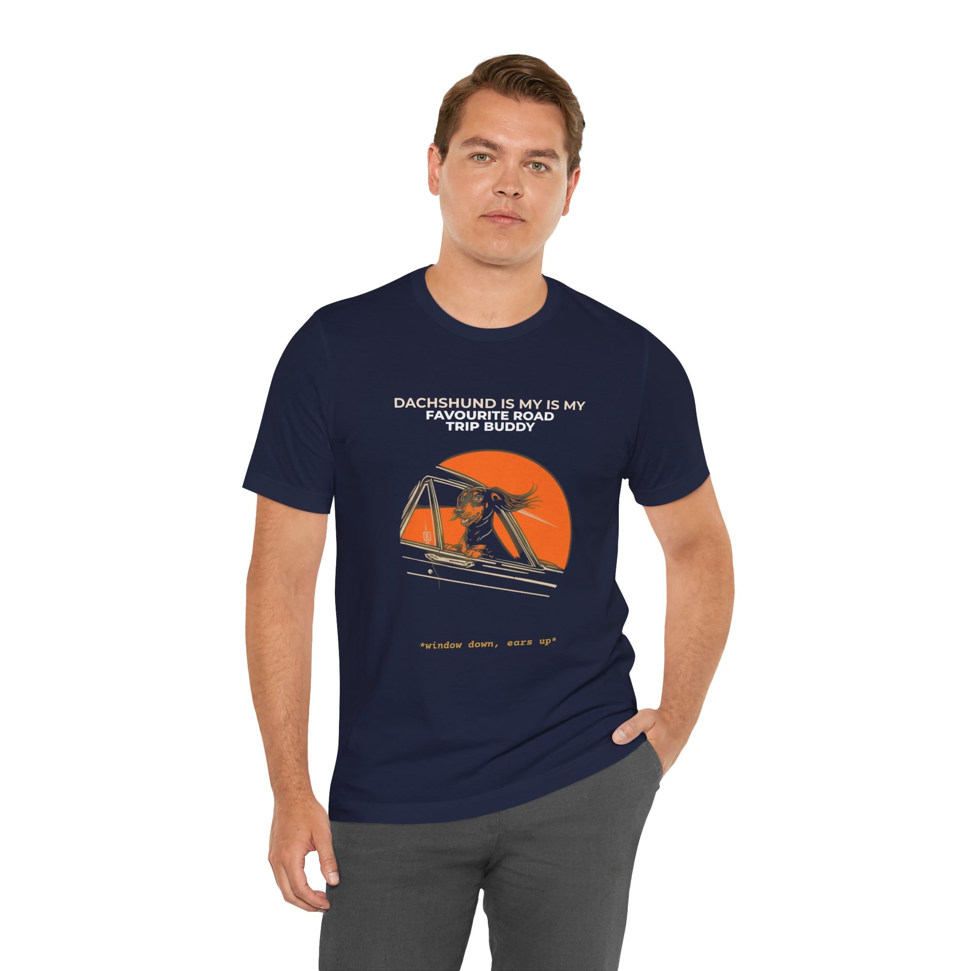 Dachshund Road Trip Buddy t-shirt — funny Dachshund travel tee on Bella+Canvas 3001, view 23