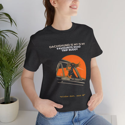 Dachshund Road Trip Buddy t-shirt — funny Dachshund travel tee on Bella+Canvas 3001, view 3