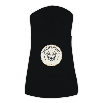 Dachshund dog hoodie in Black — vintage roundel badge print on cosy fleece pullover