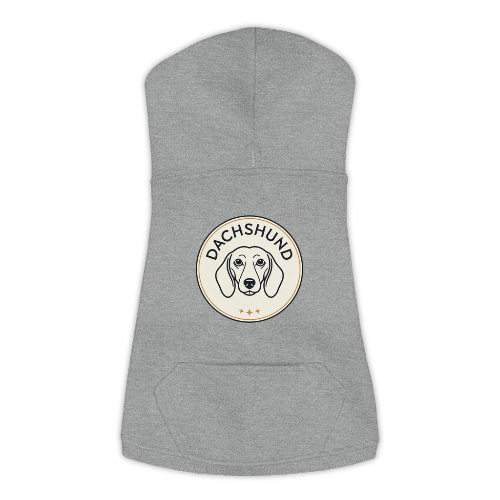 Dachshund dog hoodie in Granite Heather — vintage roundel badge print on cosy fleece pullover