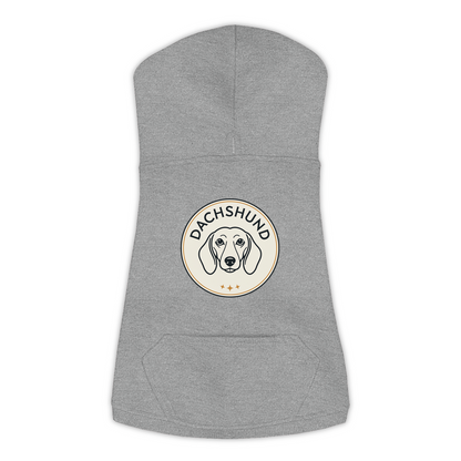 Dachshund dog hoodie in Granite Heather — vintage roundel badge print on cosy fleece pullover
