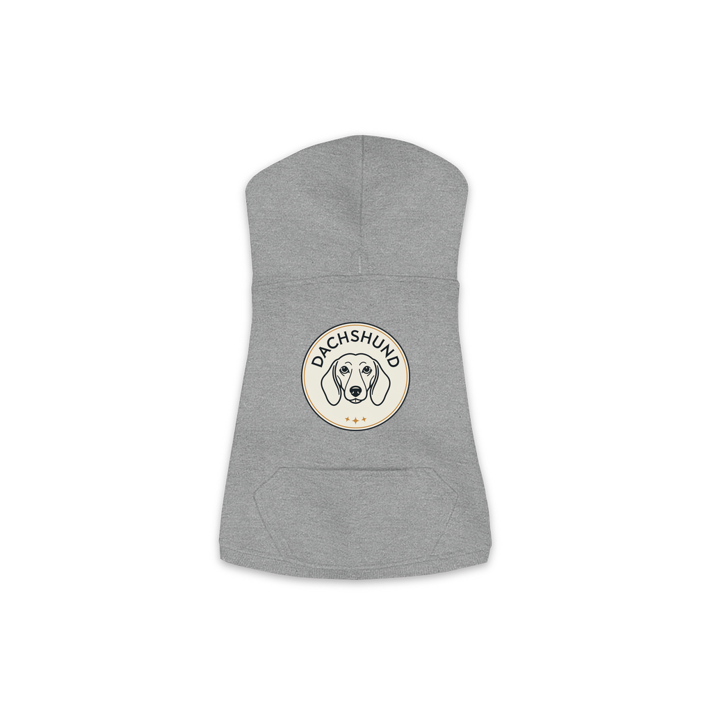 Dachshund dog hoodie in Granite Heather — vintage roundel badge print on cosy fleece pullover