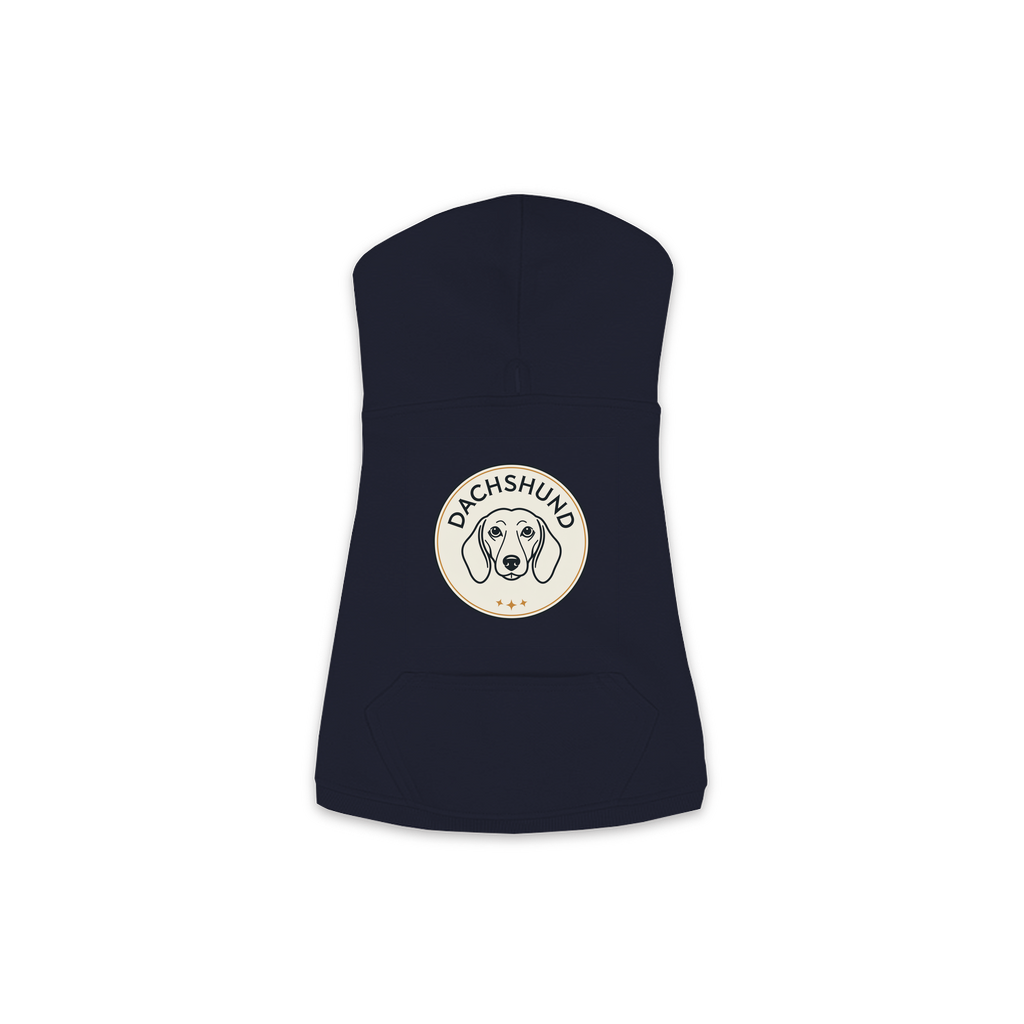 Dachshund dog hoodie in Navy — vintage roundel badge print on cosy fleece pullover
