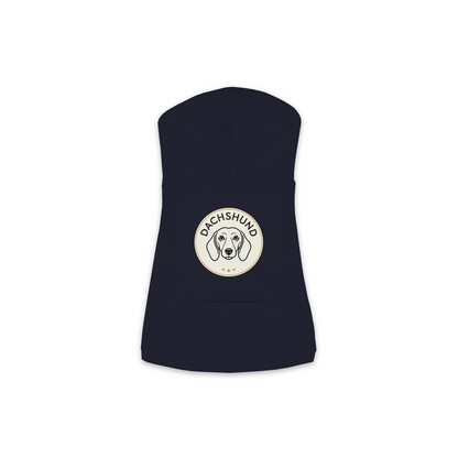 Dachshund dog hoodie in Navy — vintage roundel badge print on cosy fleece pullover