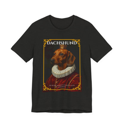 Model wearing the Dachshund Royal Portrait tee, front pose