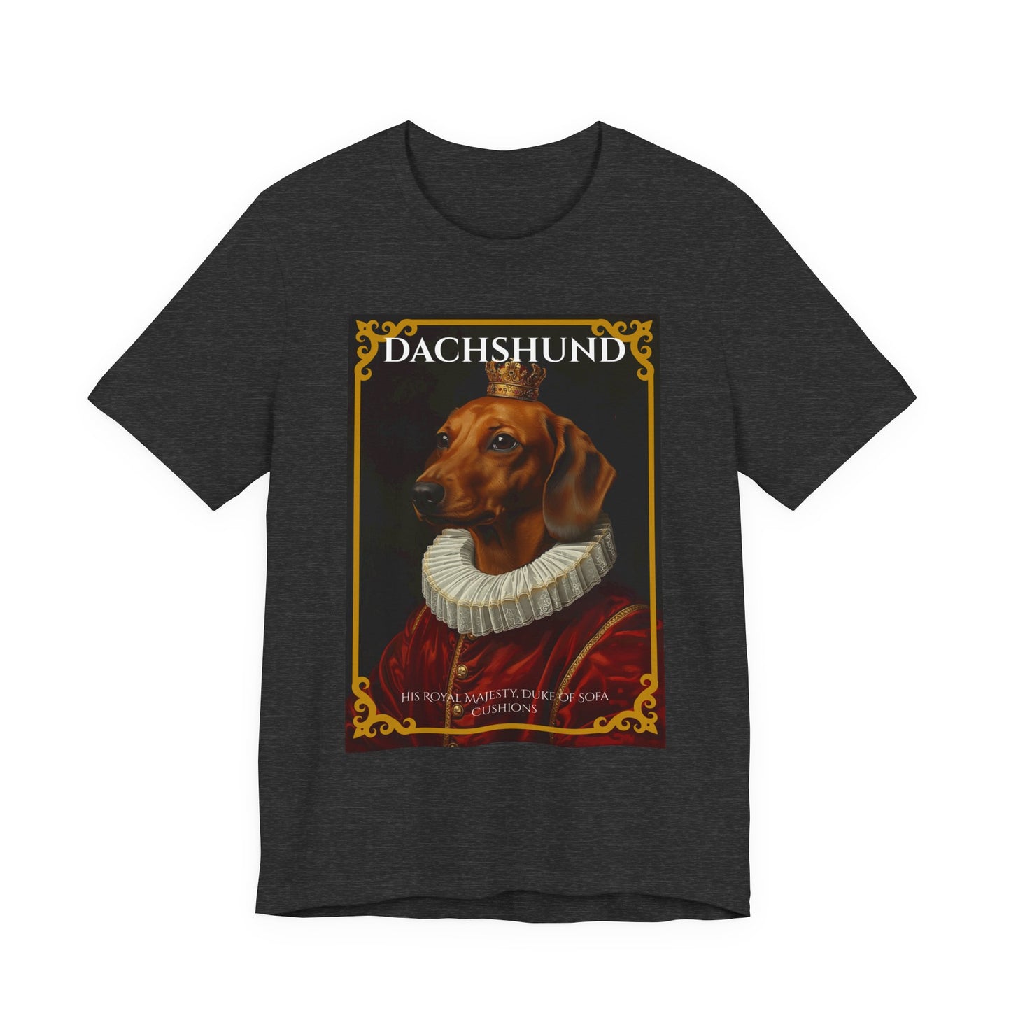 Dark Grey Heather colourway of the Dachshund Royal Portrait t-shirt