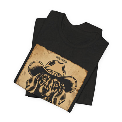 Dachshund Wanted Outlaw t-shirt close-up black heather