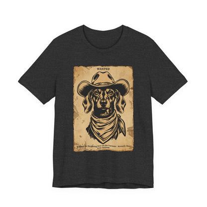 Dachshund Wanted Outlaw t-shirt flat lay black heather
