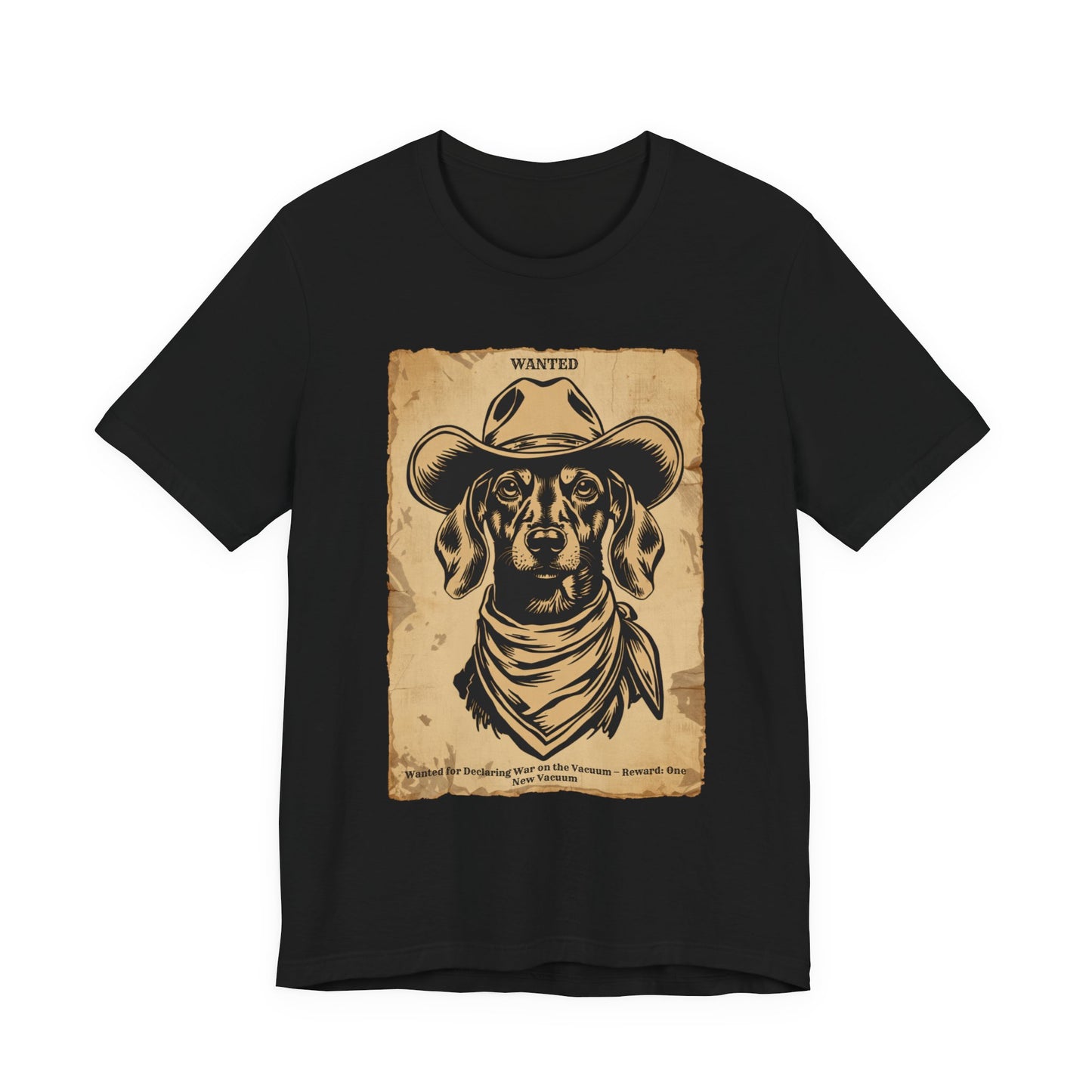 Dachshund Wanted Outlaw t-shirt flat lay black