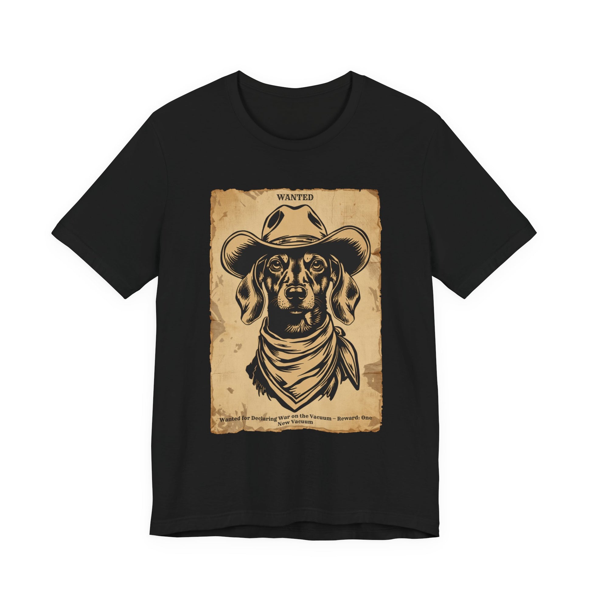 Dachshund Wanted Outlaw t-shirt flat lay black