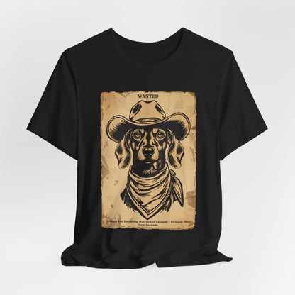 Dachshund Wanted Outlaw t-shirt model wearing dark grey heather