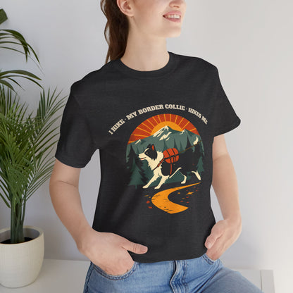 Dark grey heather border collie hiking t-shirt for border collie lovers