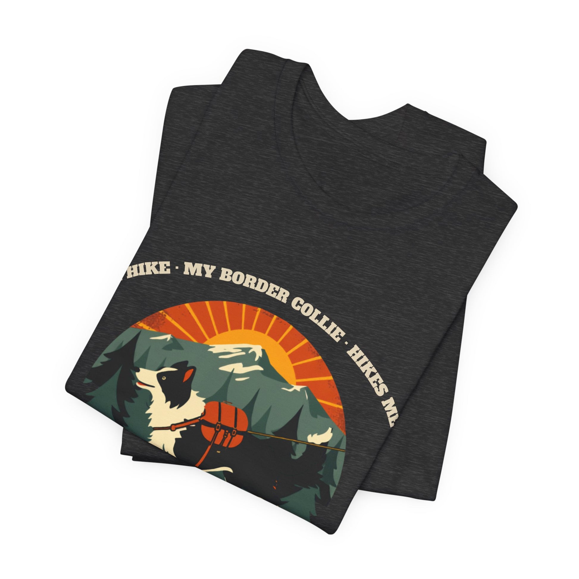 Dark grey heather border collie hiking t-shirt fabric texture close-up