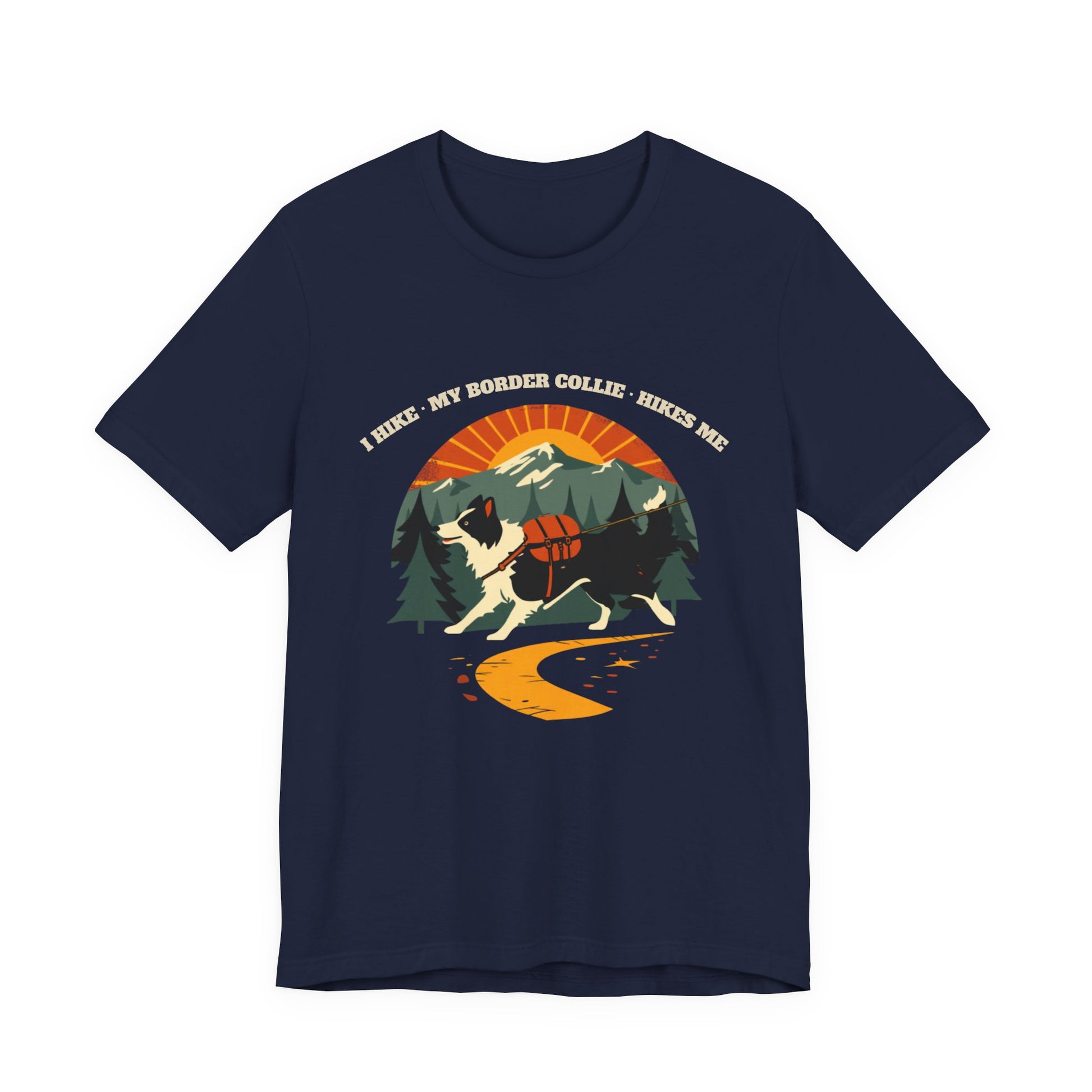 Dark grey heather border collie hiking tee front view
