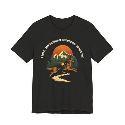 Dark grey heather I Hike My German Shepherd Hikes Me tee front view