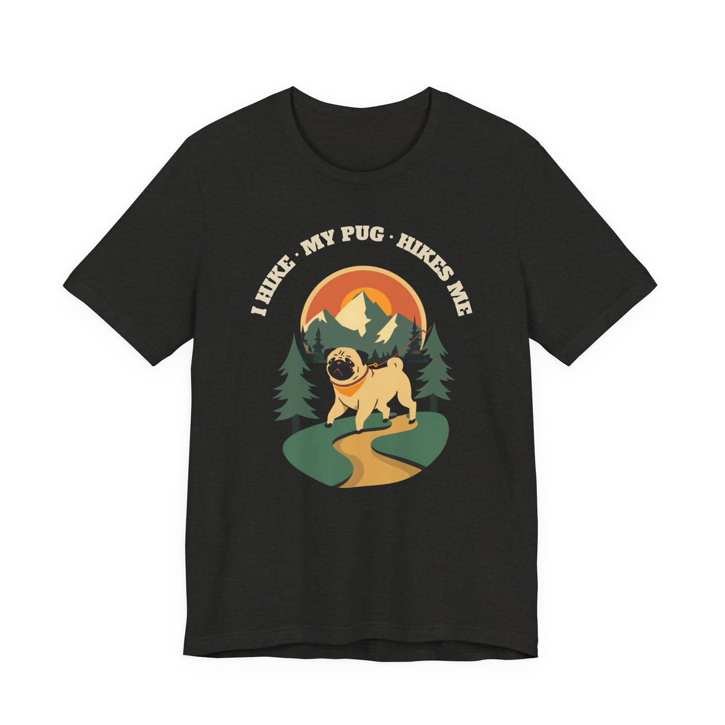 Dark grey heather I Hike My Pug Hikes Me tee front view