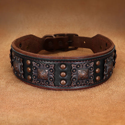Decorative leather dog collar with metal studs on a brown background