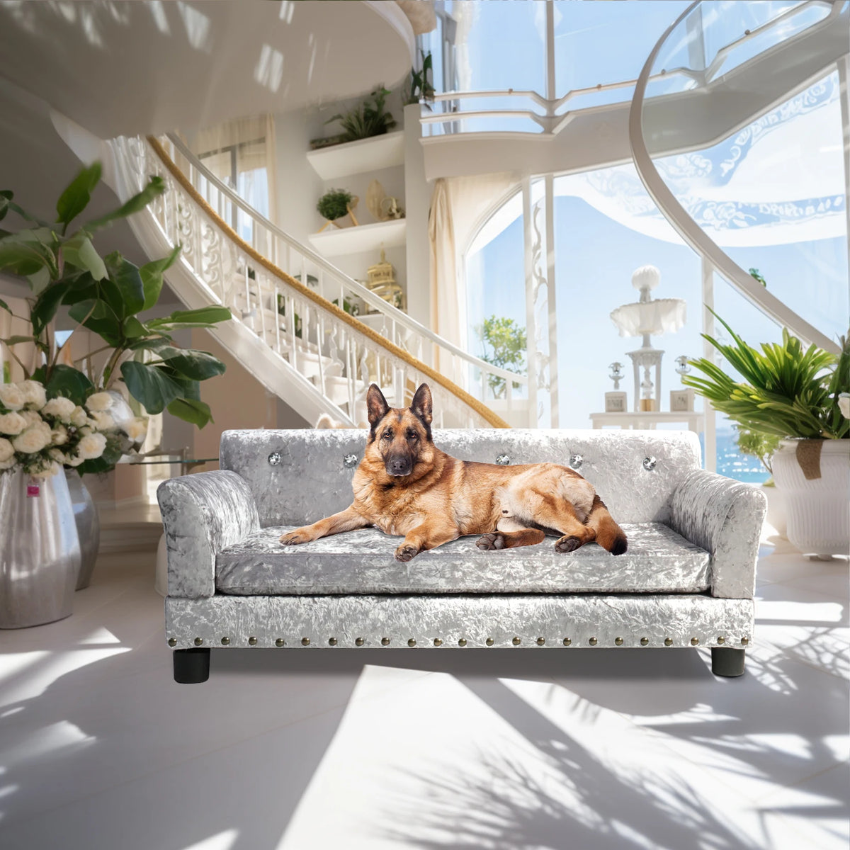 Large black dog stretched out on XL velvet dog sofa bed with diamond tufting
