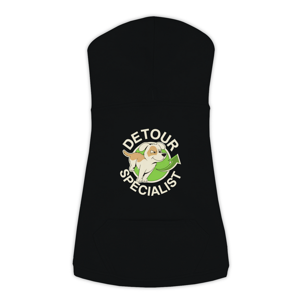 Detour Specialist dog hoodie in Black - back print, sizes L to 3XL