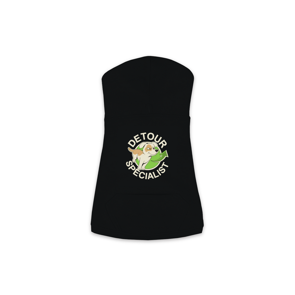 Detour Specialist dog hoodie in Black - back print, sizes XS to M