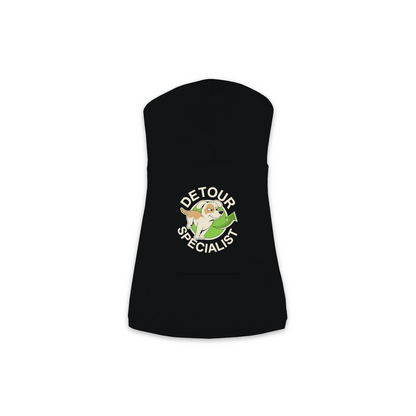 Detour Specialist dog hoodie in Black - back print, sizes XS to M