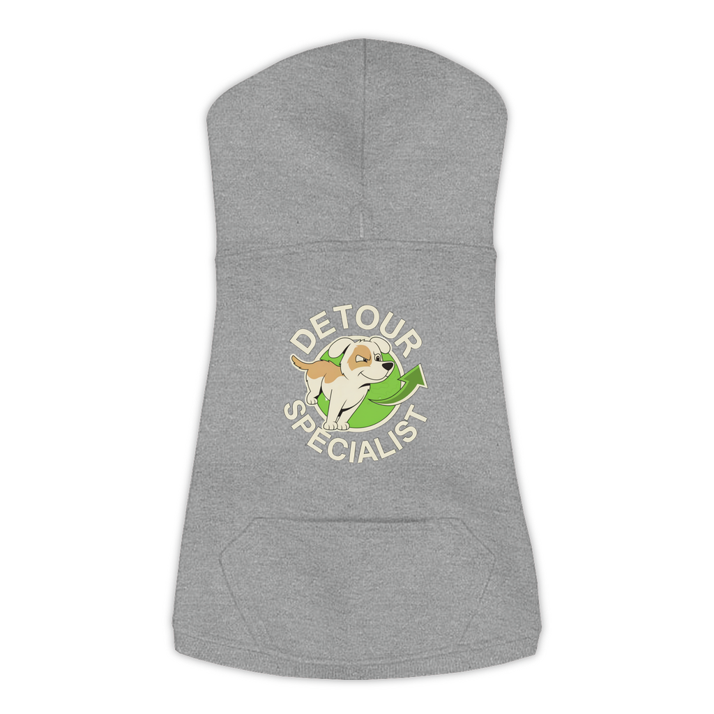 Detour Specialist dog hoodie in Granite Heather - back print, sizes L to 3XL