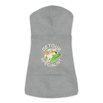 Detour Specialist dog hoodie in Granite Heather - back print, sizes L to 3XL