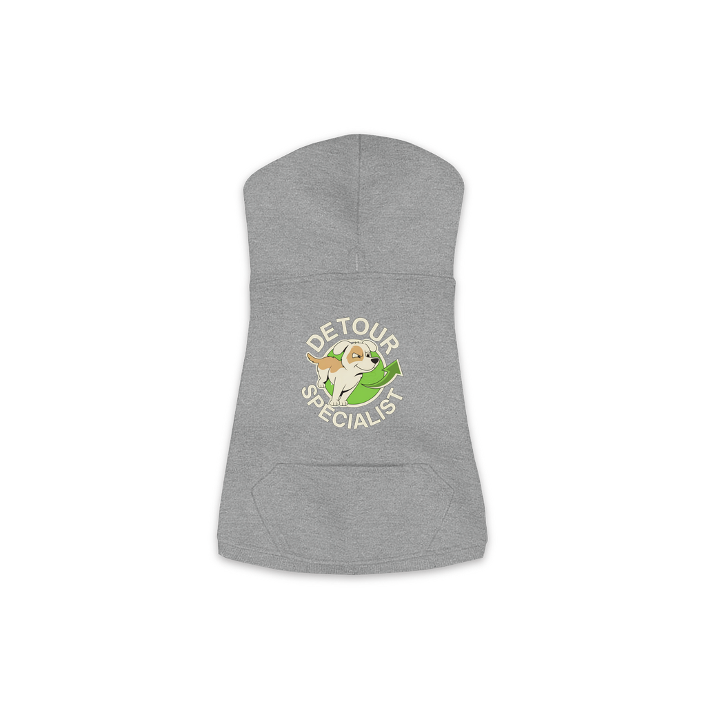 Detour Specialist dog hoodie in Granite Heather - back print, sizes XS to M