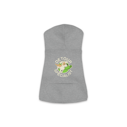 Detour Specialist dog hoodie in Granite Heather - back print, sizes XS to M