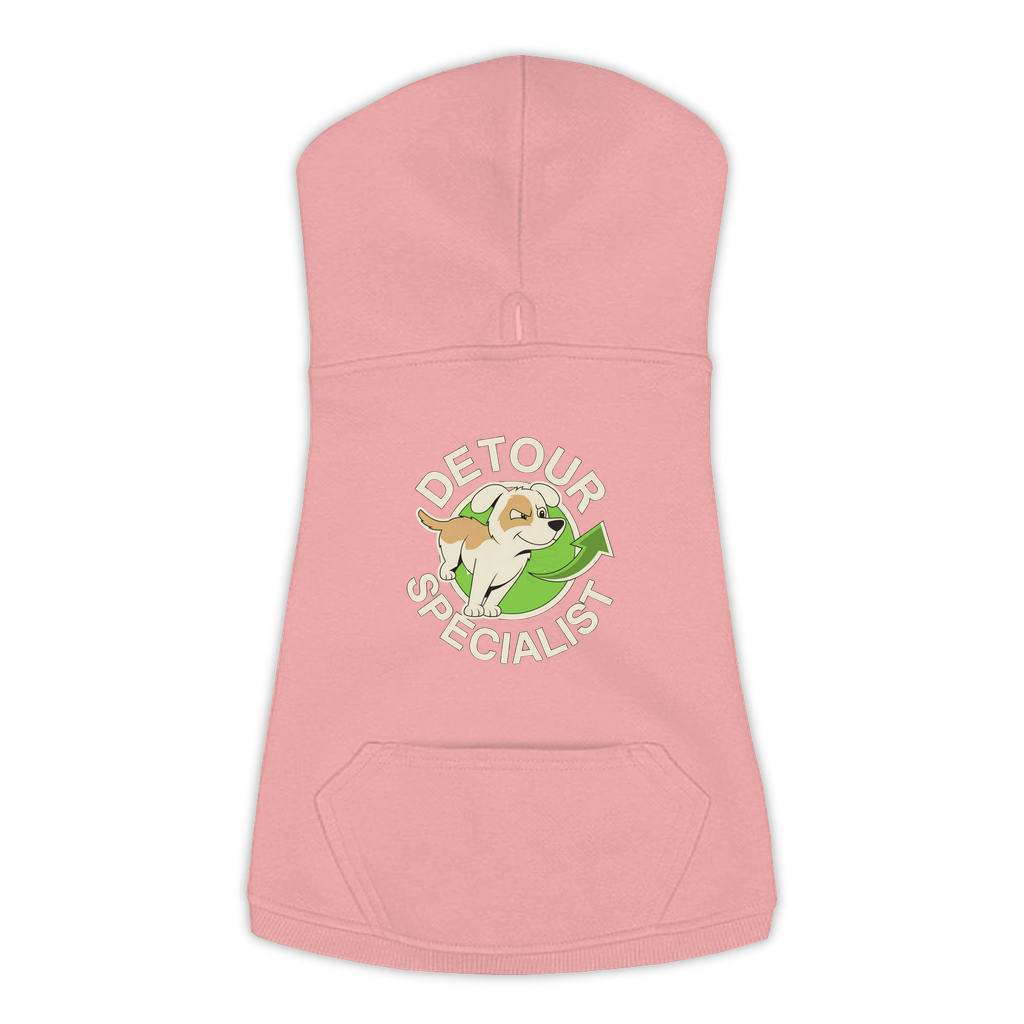 Detour Specialist dog hoodie in Mauvelous - back print, sizes L to 3XL