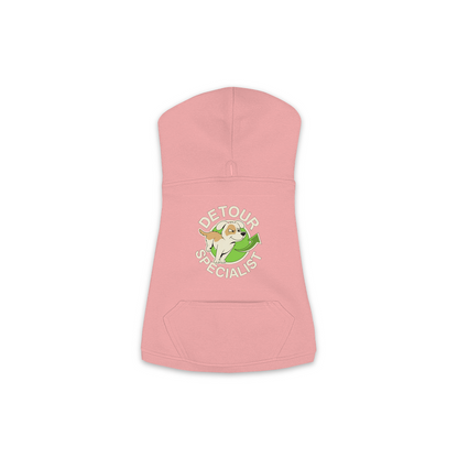 Detour Specialist dog hoodie in Mauvelous - back print, sizes XS to M