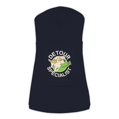 Detour Specialist dog hoodie in Navy - back print, sizes L to 3XL
