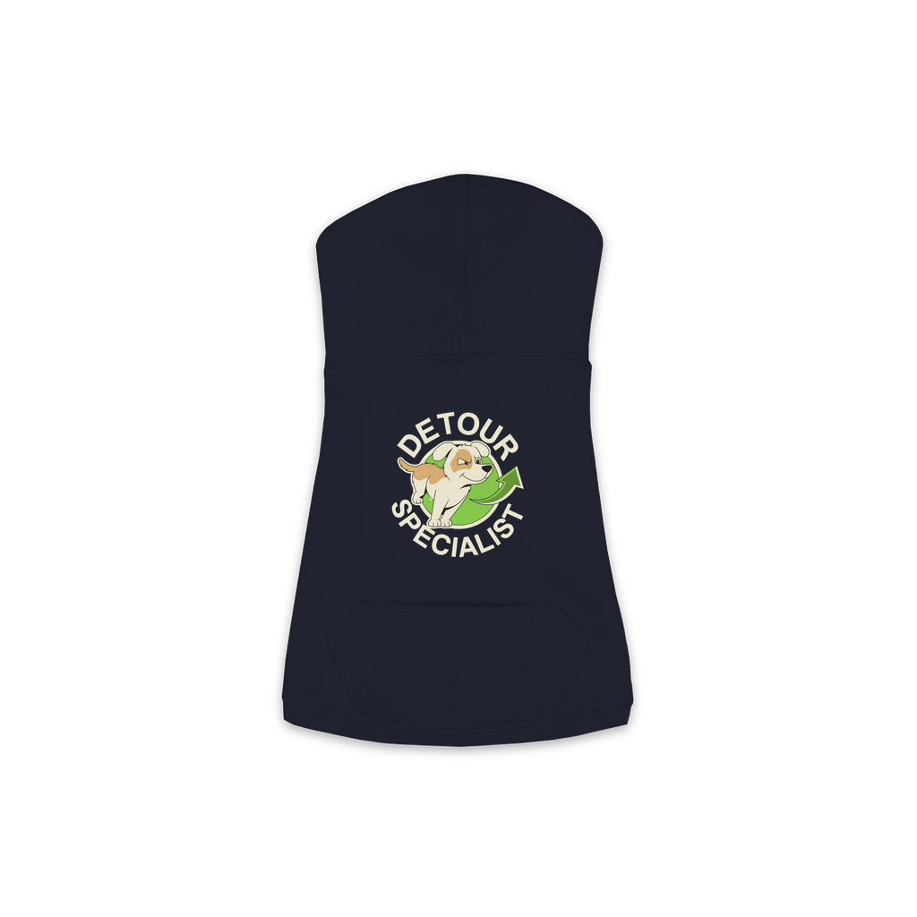 Detour Specialist dog hoodie in Navy - back print, sizes XS to M