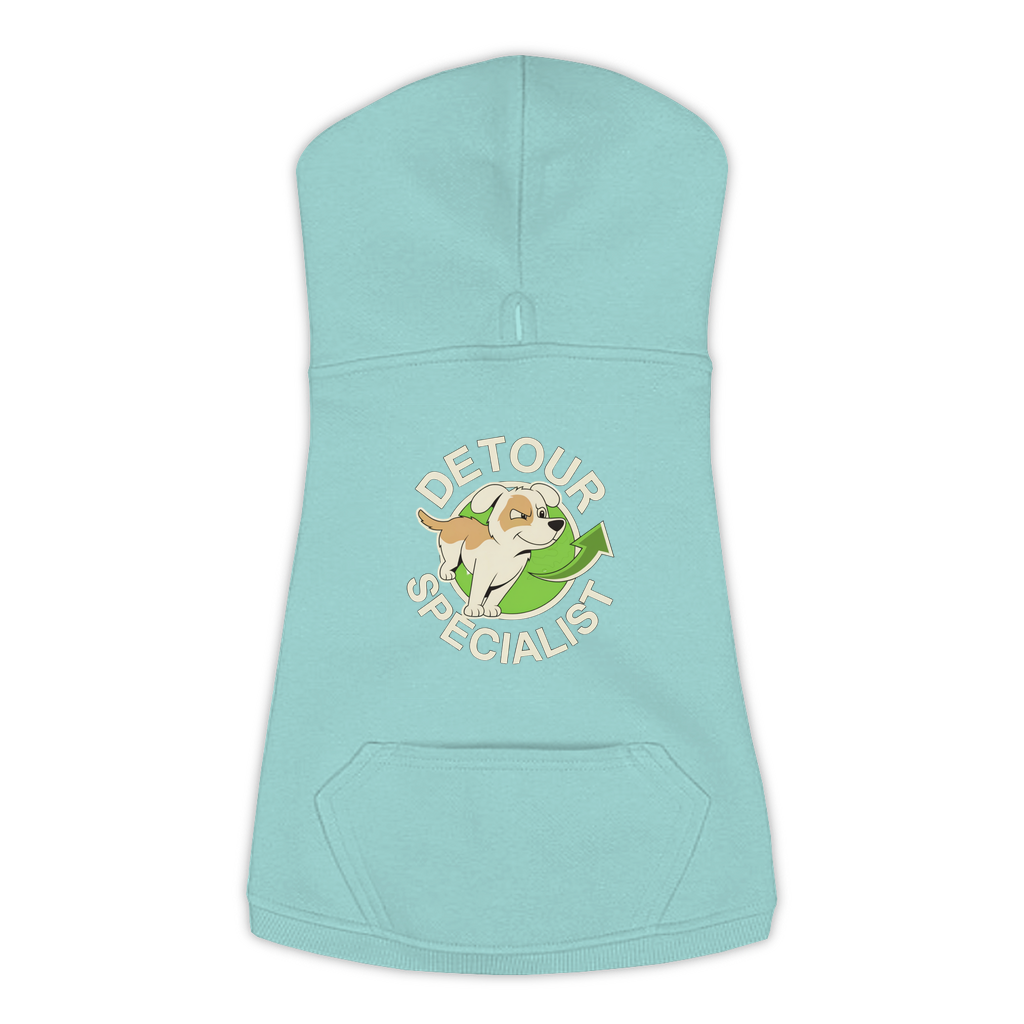 Detour Specialist dog hoodie in Saltwater - back print, sizes L to 3XL