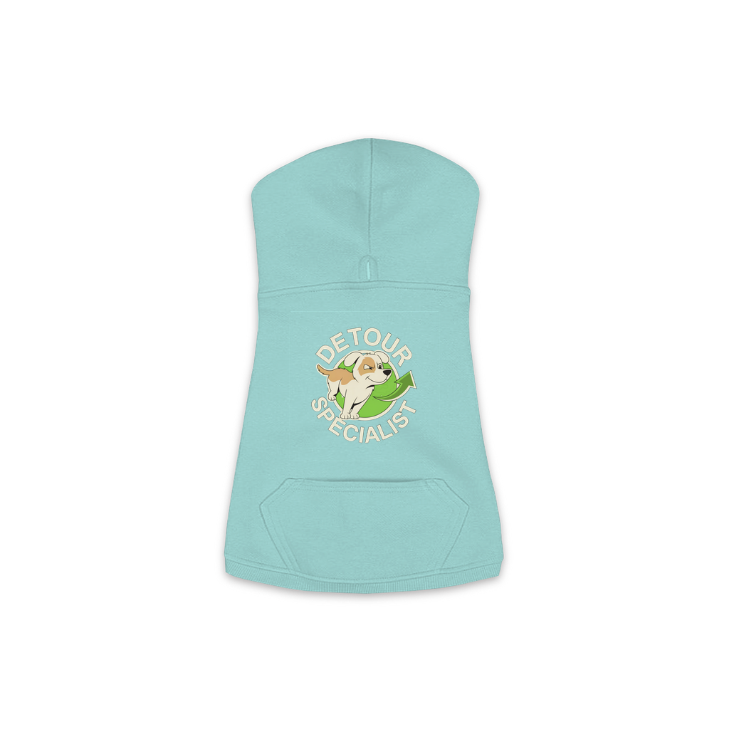 Detour Specialist dog hoodie in Saltwater - back print, sizes XS to M