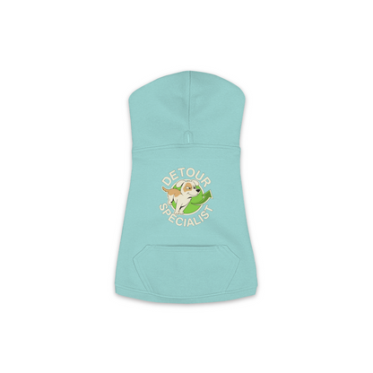 Detour Specialist dog hoodie in Saltwater - back print, sizes XS to M