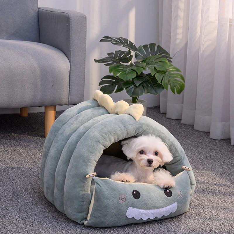 PawBurrow dinosaur animal cave bed closed dome view — ridged exterior, wood-style button fasteners — SniffWaggleNWalk