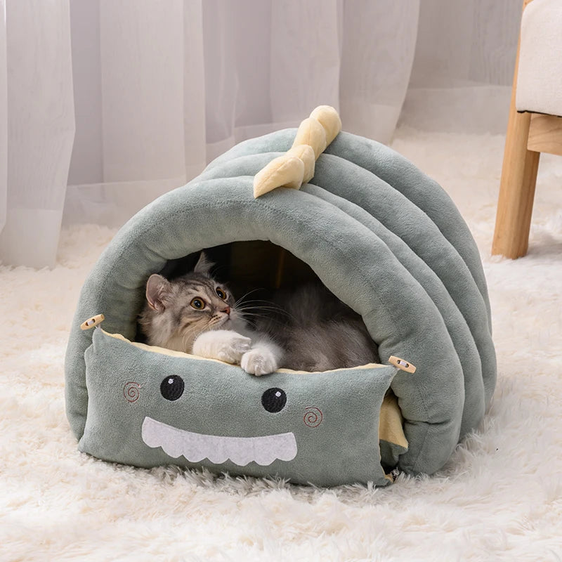PawBurrow dinosaur cave bed with front panel folded flat — open mat mode for cats and small dogs — SniffWaggleNWalk