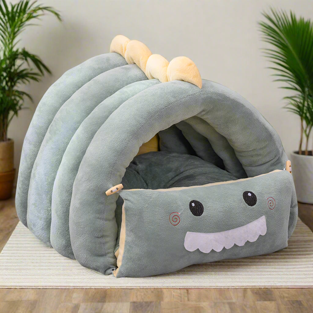 PawBurrow dinosaur cave pet bed side view — ridged dome structure with button fasteners — SniffWaggleNWalk