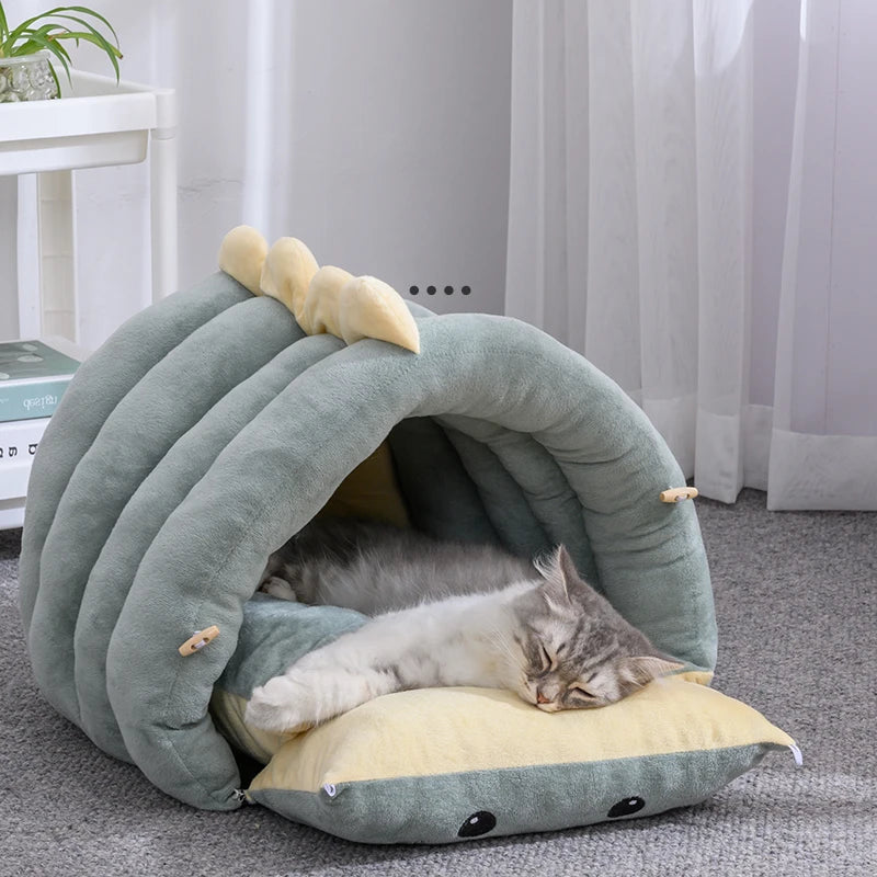 PawBurrow dinosaur cave pet bed — dome with fold-down character face panel, for cats and small dogs — SniffWaggleNWalk