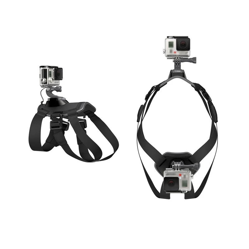 GoPro 2-prong mount and J-hook accessories for PupCam dog camera harness on white background