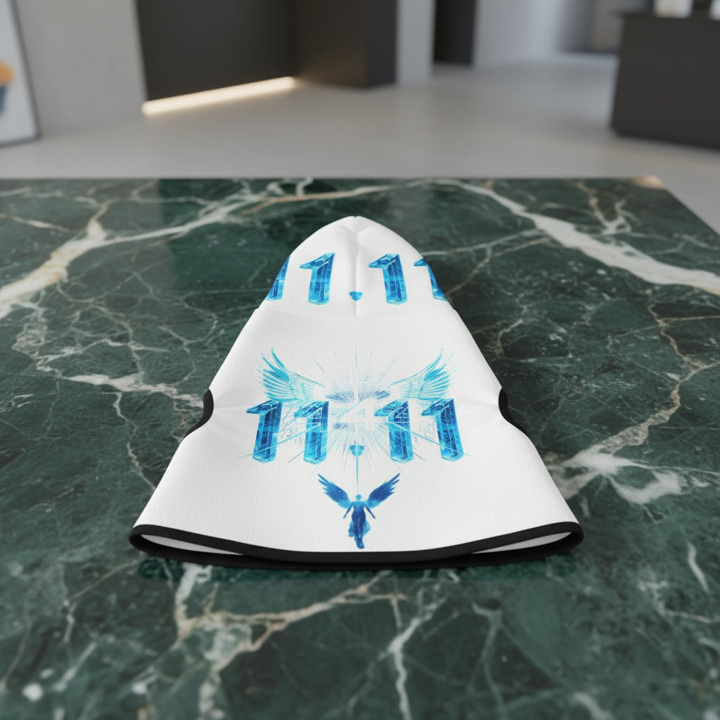 Lightweight dog hoodie in white with sky-blue angel wings print.