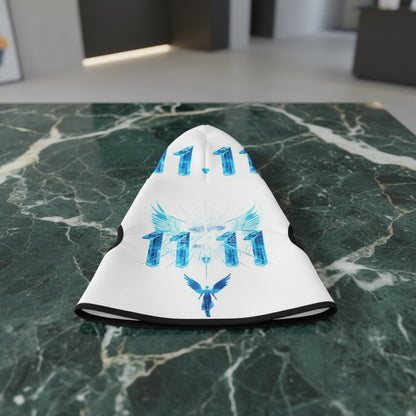 Lightweight dog hoodie in white with sky-blue angel wings print.