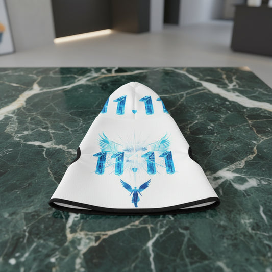 Lightweight dog hoodie in white with sky-blue angel wings print.