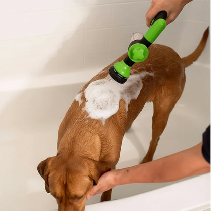 Built-in soap reservoir on the dog shower spray gun being filled with shampoo, twist dial above for switching between soap and rinse.