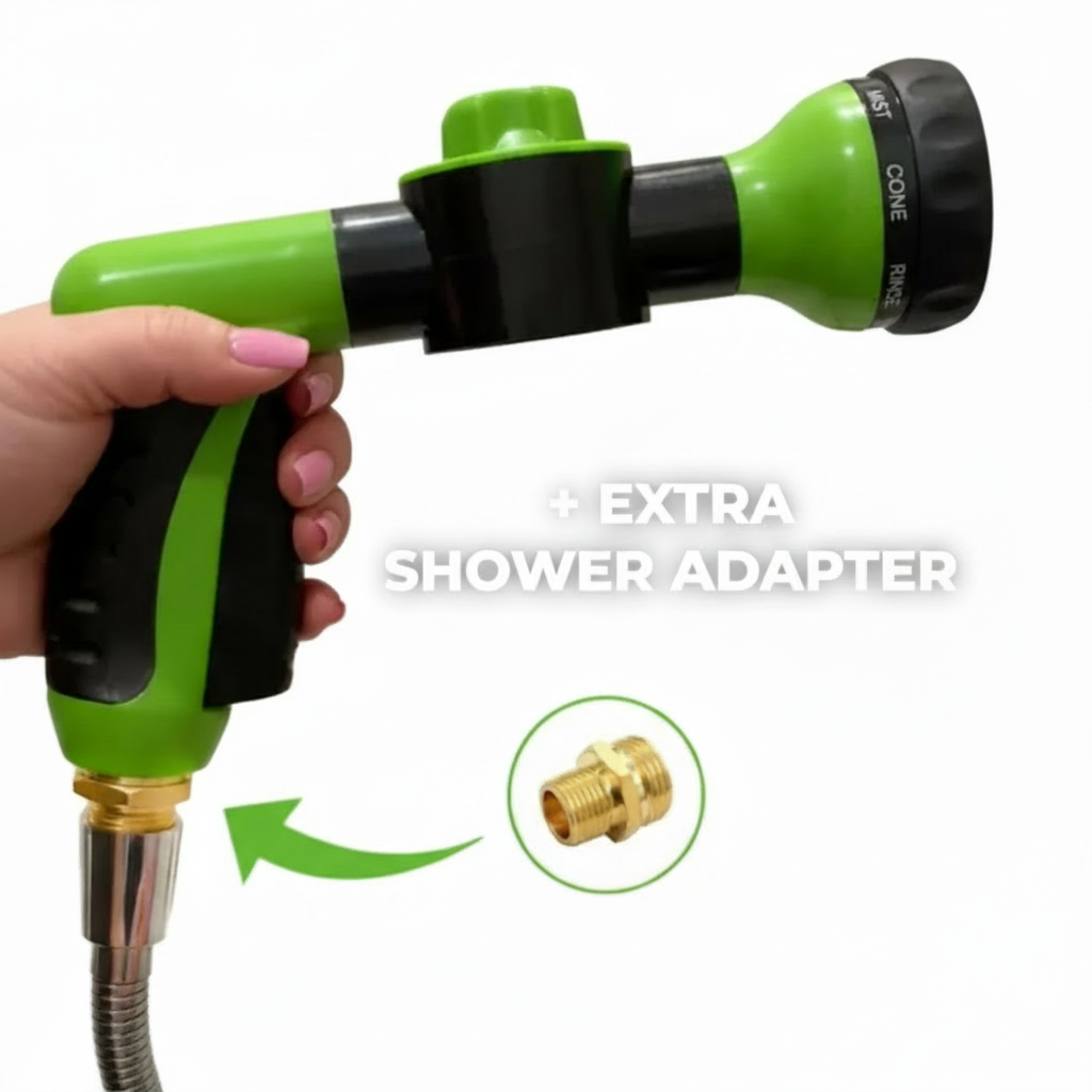 Green dog shower spray gun with built-in soap dispenser and brass adapter on a clean white background.