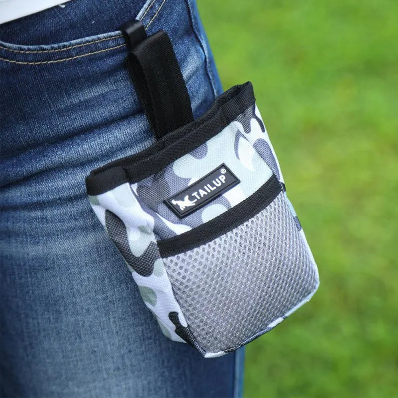 Dog Training Treat Pouch — hands-free belt clip pouch with wipeable liner, open interior — SniffWaggleNWalk