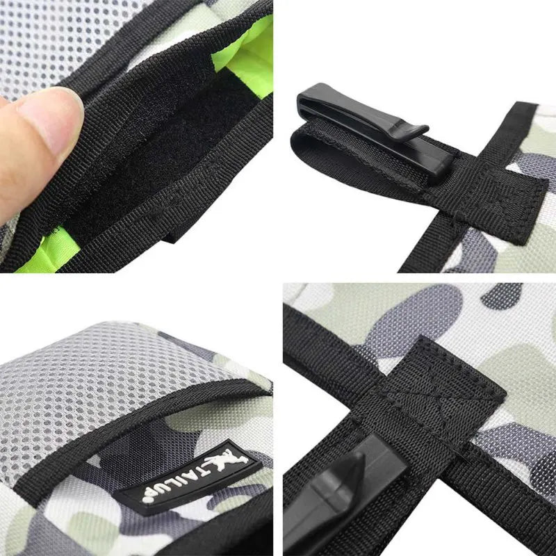 Dog Training Treat Pouch — hands-free belt clip pouch with wipeable liner, size reference — SniffWaggleNWalk