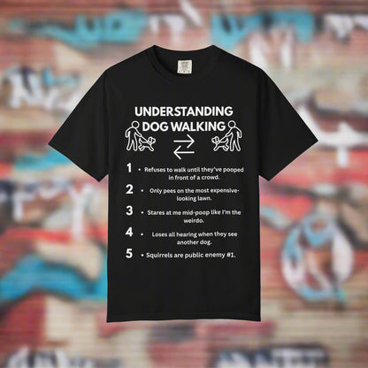 Dog Walk Diaries funny dog walking t-shirt in Black, design close-up