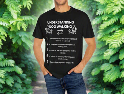 Dog Walk Diaries: The Real Routine funny t-shirt in Black, front view